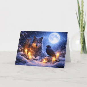 Wolf Uil Raaf Winterzonnewende Yule met Sneeuwmaan Kaart