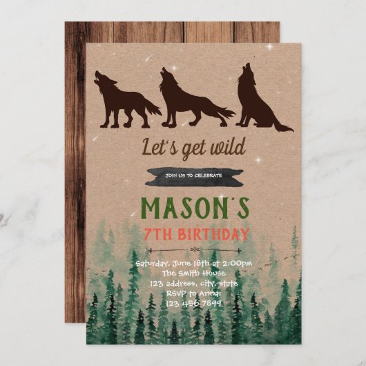 wolf verjaardagsfeest uitnodiging (Voorkant / Achterkant)