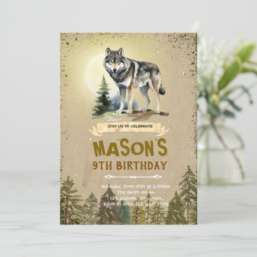 Wolf verjaardagsfeestje uitnodiging (Staand voorkant)