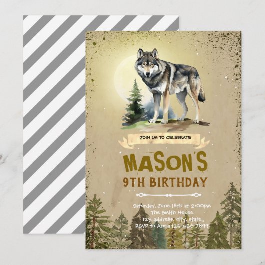 Wolf verjaardagsfeestje uitnodiging (Voorkant / Achterkant)