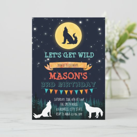 Wolf verjaardagsfeestje uitnodiging (Staand voorkant)