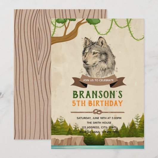 Wolf verjaardagsthemauitnodiging kaart (Voorkant / Achterkant)