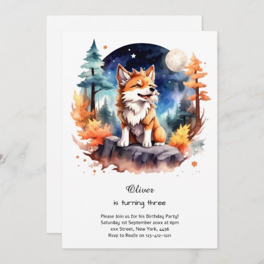 Wolf verjaardagsuitnodiging kaart (Voorkant / Achterkant)