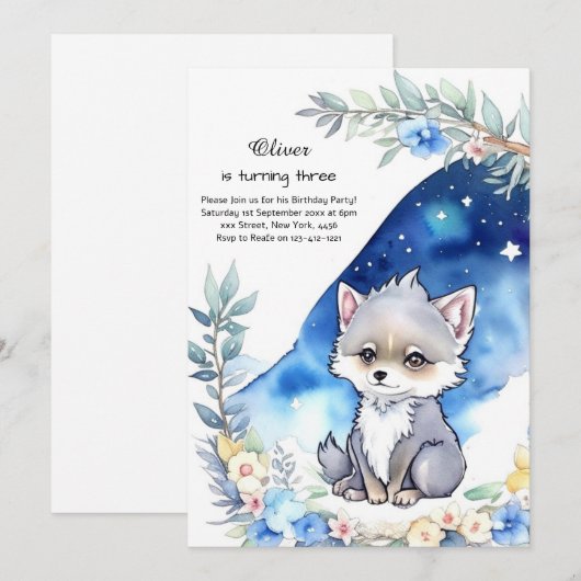 Wolf verjaardagsuitnodiging kaart (Voorkant / Achterkant)