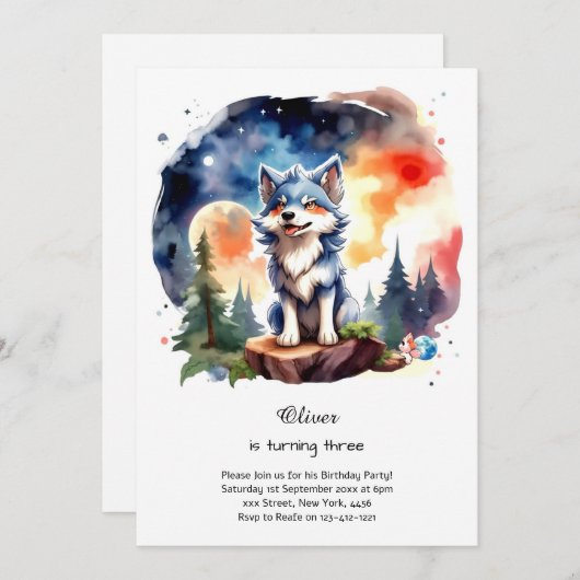 Wolf verjaardagsuitnodiging kaart (Voorkant / Achterkant)