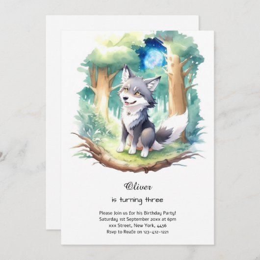 Wolf verjaardagsuitnodiging kaart (Voorkant / Achterkant)