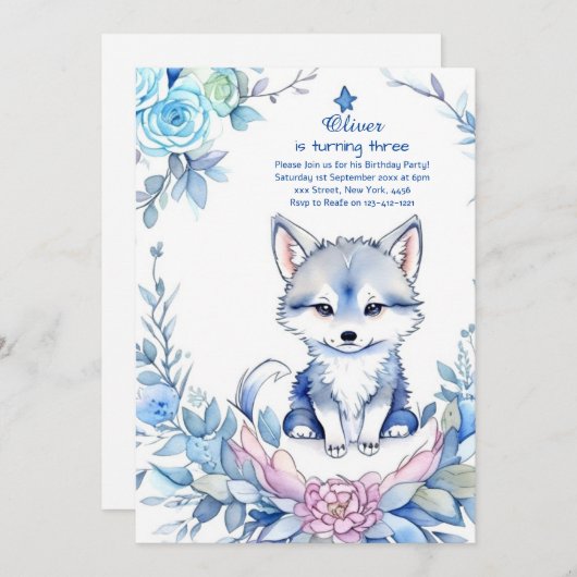 Wolf verjaardagsuitnodiging kaart (Voorkant / Achterkant)