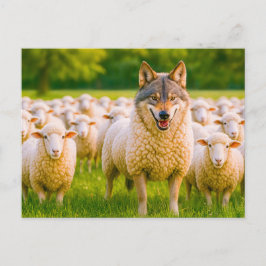 Wolf vermomd tussen schapen in weide feestdagenkaart