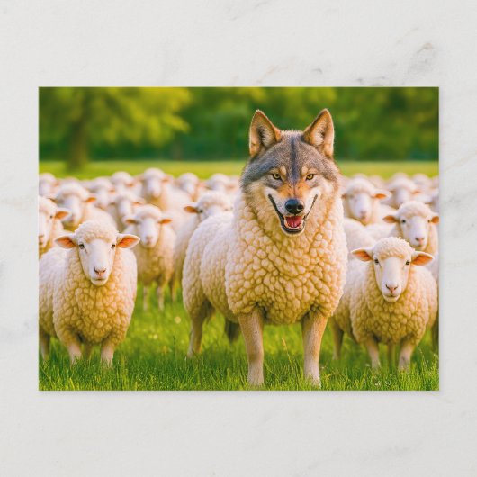 Wolf vermomd tussen schapen in weide feestdagenkaart (Voorkant)