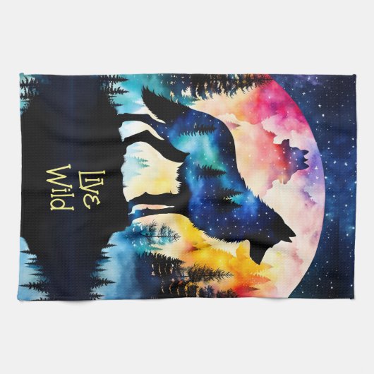 Wolf volle maan waterverf theedoek (Horizontaal)