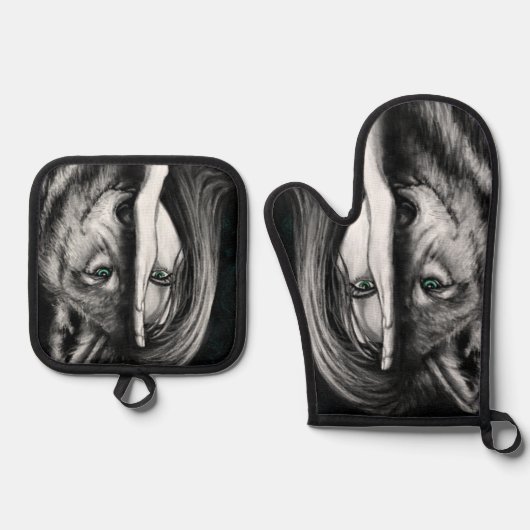 Wolf Vrouw Oven Mitt & Pot Houder Set (Voorkant)