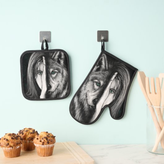 Wolf Vrouw Oven Mitt & Pot Houder Set (Insitu(Ophanging))
