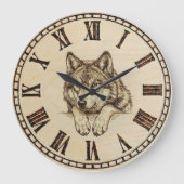 Wolf Wall Clock – Wood-Burned Style Grote Klok (Voorkant)