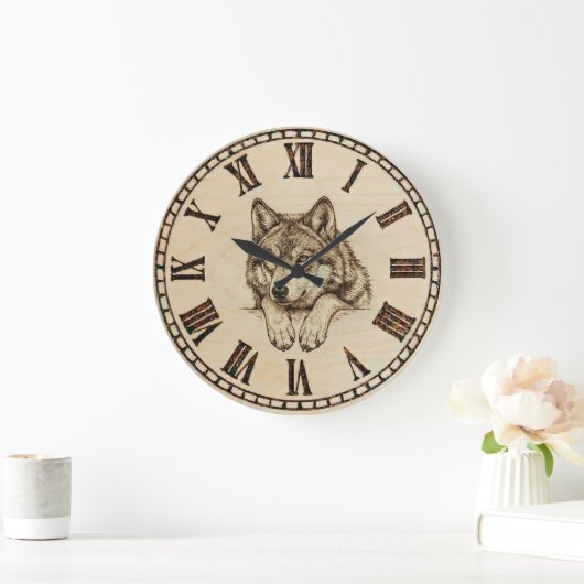 Wolf Wall Clock – Wood-Burned Style Grote Klok (Huis)