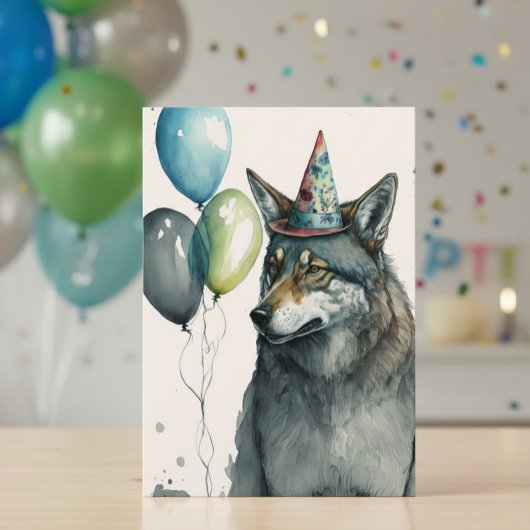 Wolf Watercolor met Ballonnen Verjaardag Kaart