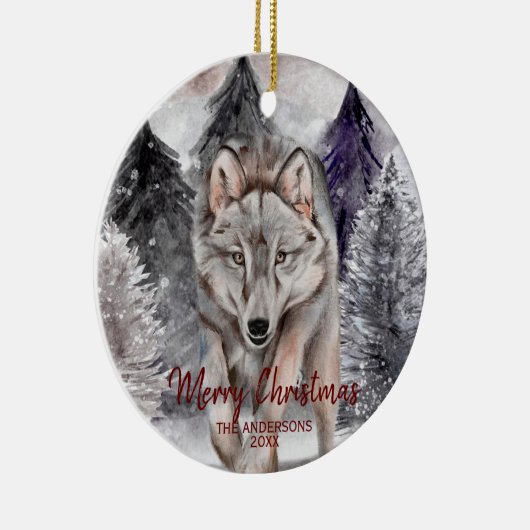 Wolf-Waterverf in Dark Forest-kerstversiering Keramisch Ornament (Rechts)