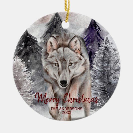 Wolf-Waterverf in Dark Forest-kerstversiering Keramisch Ornament (Voorkant)