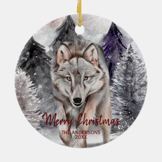 Wolf-Waterverf in Dark Forest-kerstversiering Keramisch Ornament (Achterkant)