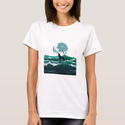 Wolf Wave Art - Ukiyo-e Moonlight Design T-shirt (Voorkant)