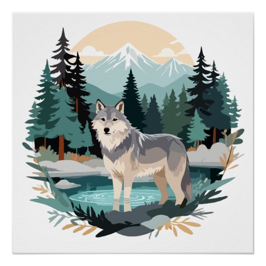 Wolf Wildlife Animal Natuur Buitenshuis Waterverf Perfect Poster (Voorkant)