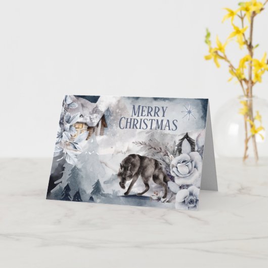 Wolf winter blokhut land bos sneeuw scene kaart (Gele Bloem)