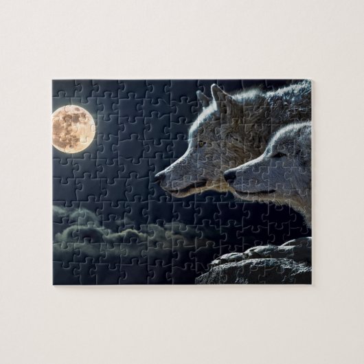 Wolf Wolven Howling bij de Volledige maan bij nach Legpuzzel (Horizontaal)