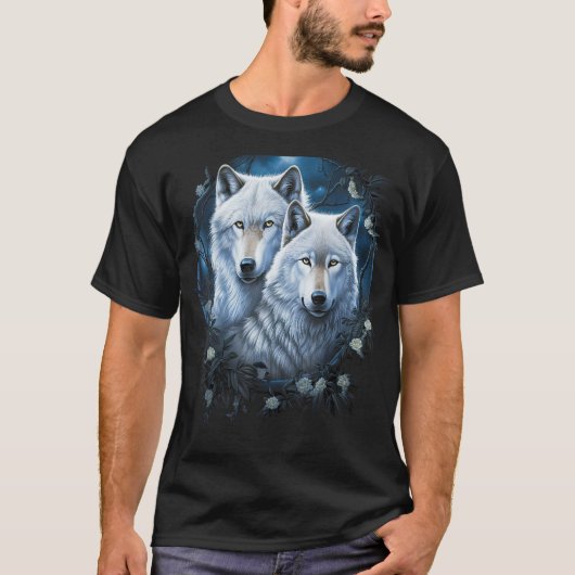 Wolf Wolves in Forest by Night Moon Fantasy Art Wi T-shirt (Voorkant)