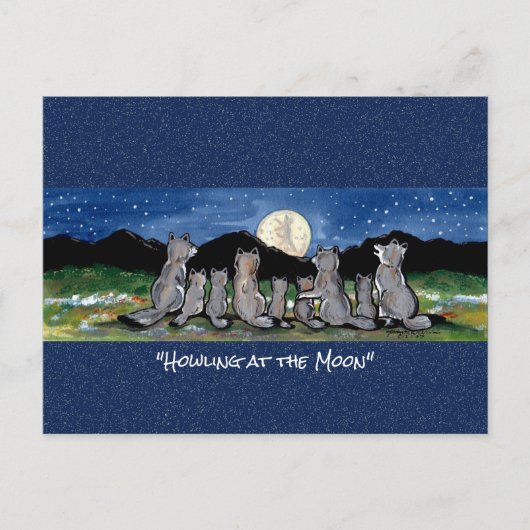 Wolf Wolves Moon Whimsical Waterverf Briefkaart (Voorkant)
