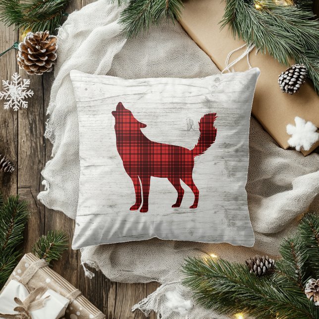 Wolf Woodland Birch Rood Buffalo Plaid Kussen (Creator heeft geüpload)