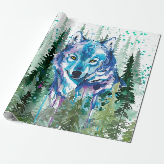 Wolf Wrapping Paper | Kleurrijke Waterverf Wolf Cadeaupapier (Uitgerold)