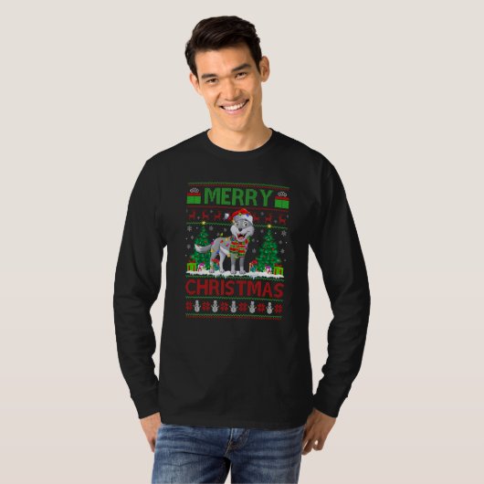 Wolf  Xmas Tree Lights Ugly Santa Wolf Christmas T-shirt (Voorkant volledig)