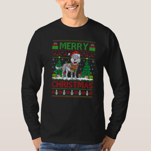 Wolf  Xmas Tree Lights Ugly Santa Wolf Christmas T-shirt (Voorkant)