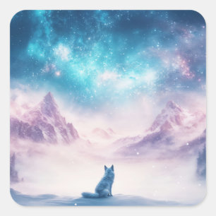 Wolf zittend in besneeuwd winterlandschap op de be vierkante sticker
