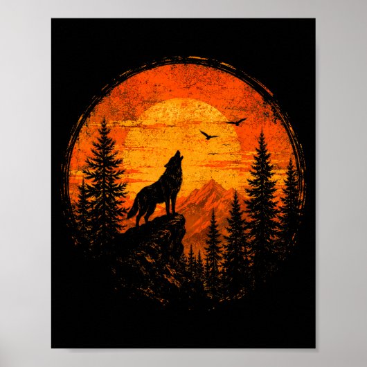 Wolf zonsondergang berg bos wildernis natuur poster (Voorkant)