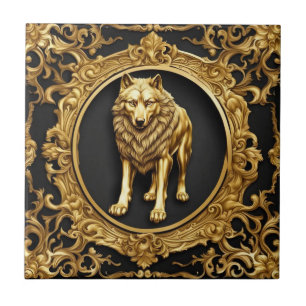 Wolf zwart en goud sierlijke lijst tegeltje