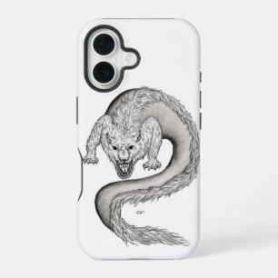 Wolfdraak zwart-wit ontwerp iPhone 16 hoesje