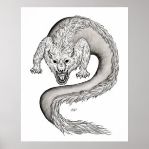 Wolfdraak zwart-wit ontwerp poster