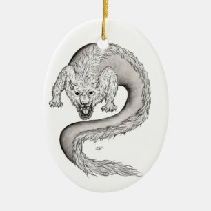 Wolfdragon zwart-wit design keramisch ornament