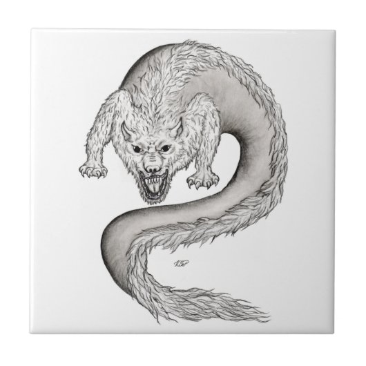 Wolfdragon zwart-wit design tegeltje (Voorkant)