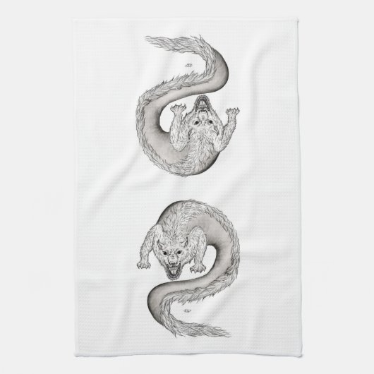 Wolfdragon zwart-wit design theedoek (Verticaal)
