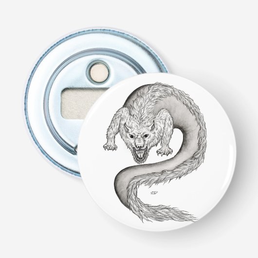 Wolfdragon zwart-wit ontwerp button flesopener (Voorkant)