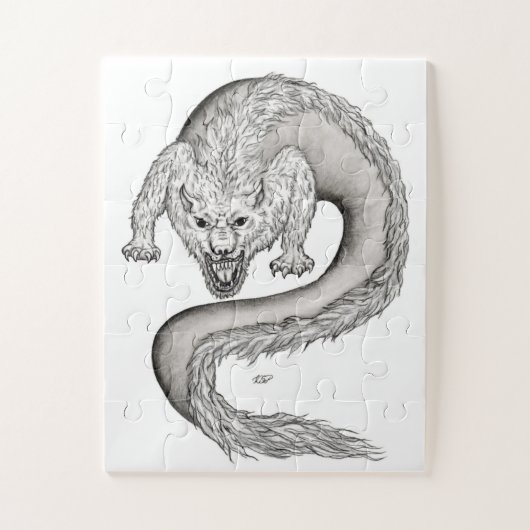 Wolfdragon zwart-wit ontwerp legpuzzel (Verticaal)