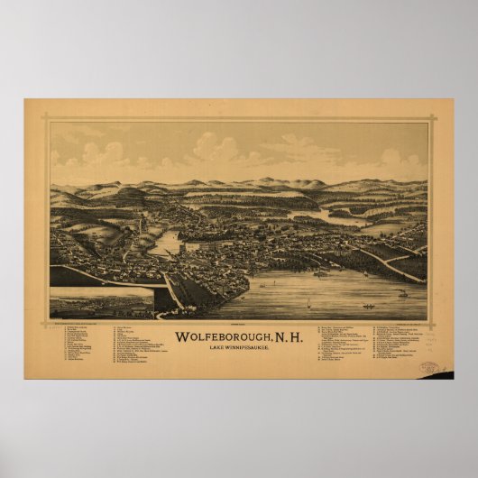 Wolfeboro New Hampshire 1889 Antiek Panorama Poster (Voorkant)