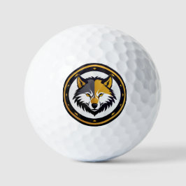 Wolfembleemlogo met gouden cirkel golfballen