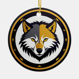 Wolfembleemlogo met gouden cirkel keramisch ornament