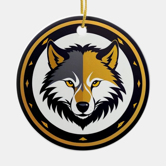 Wolfembleemlogo met gouden cirkel keramisch ornament (Voorkant)
