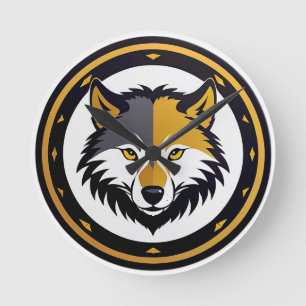 Wolfembleemlogo met gouden cirkel ronde klok