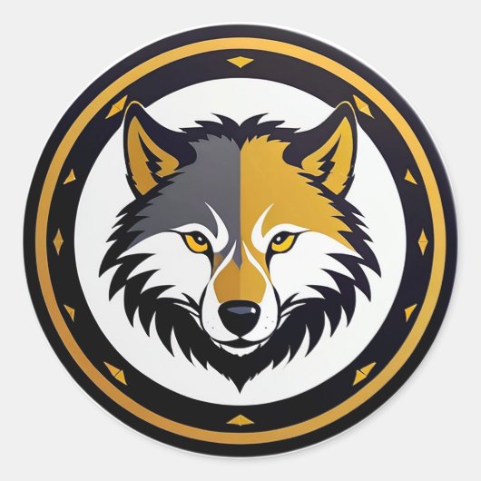 Wolfembleemlogo met gouden cirkel ronde sticker (Voorkant)
