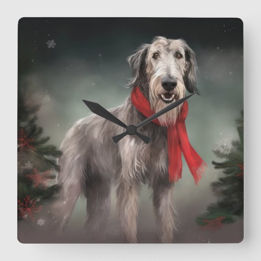 Wolfhound Hond in Sneeuw Kerstmis Vierkante Klok (Voorkant)