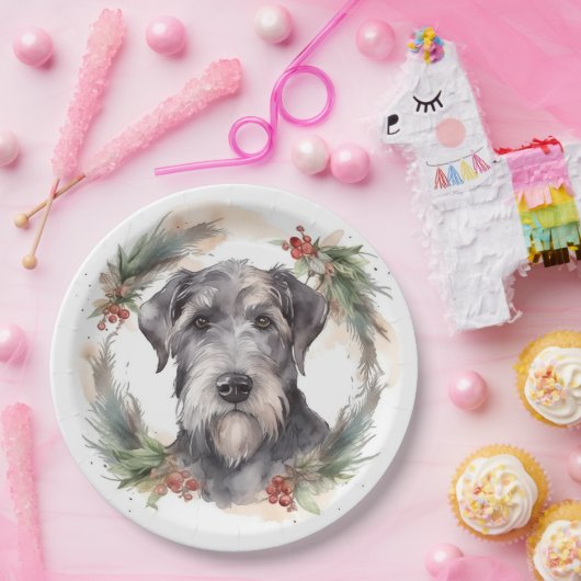 Wolfhound Kerstkrans Feestelijke Pup Papieren Bordje (Feest)